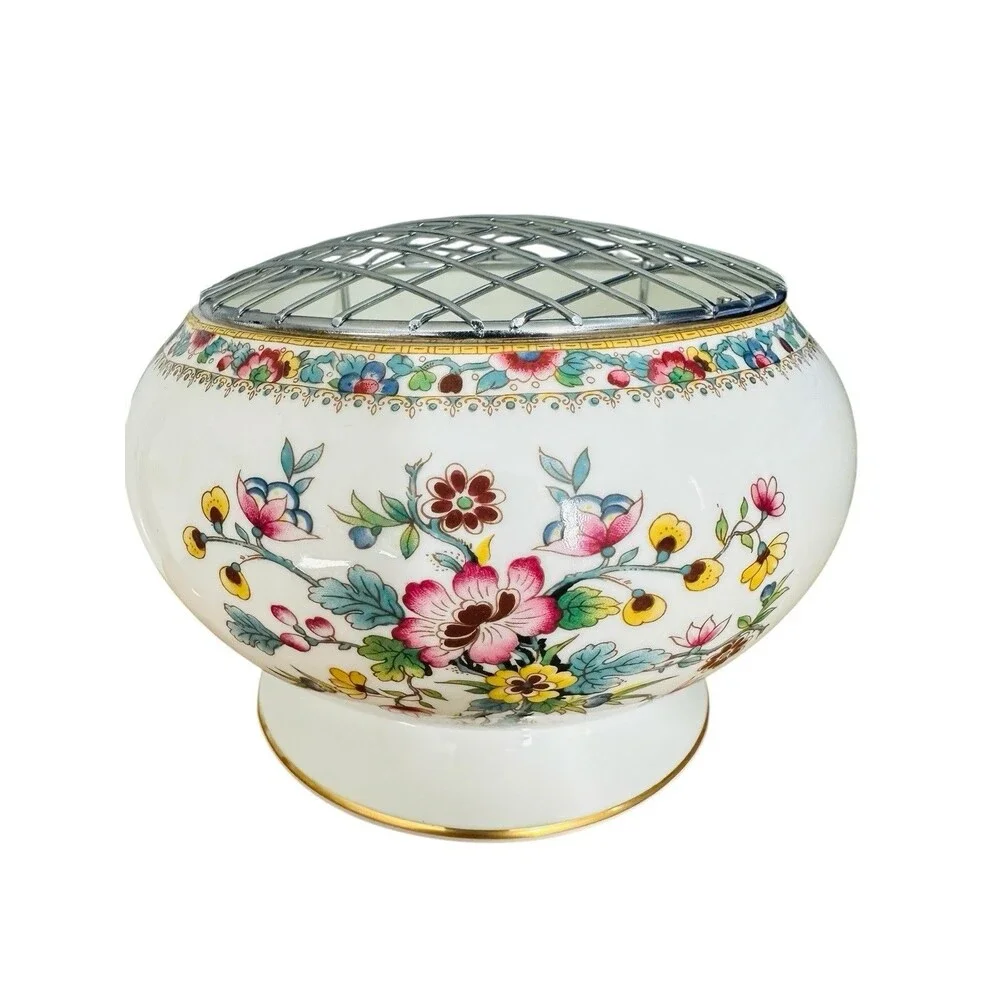 Coalport China Ming Rose Rose Bowl Wire Frog For Flowers 6"W x 4"H Vintage Rare - Picture 2 of 12